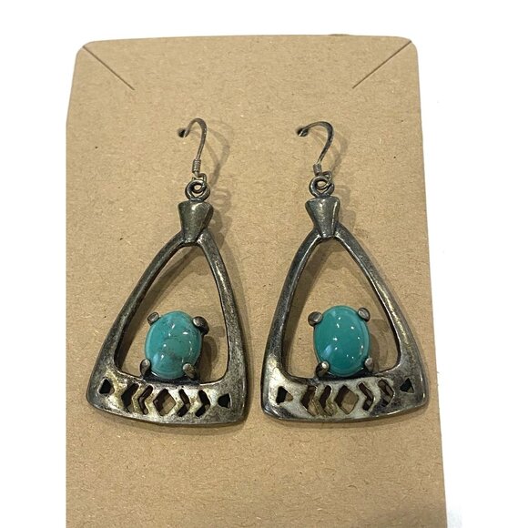 Sterling Silver Variscite Native Style Handmade Dangle Pierced Earrings - Picture 1 of 10